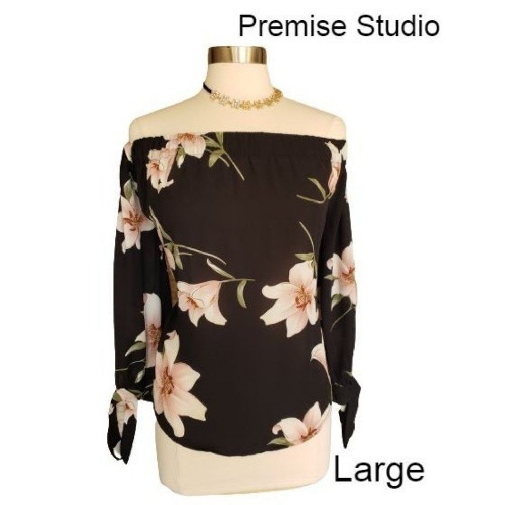 Women's Long Sleeve Off the Shoulder Black Floral Loose Fitted Top Large NWOT
